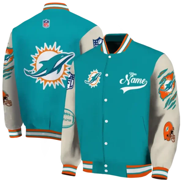 personalized miami dolphins razorback outline aqua nude varsity jacket fashion forward