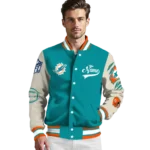 personalized miami dolphins razorback outline aqua nude varsity jacket best selling