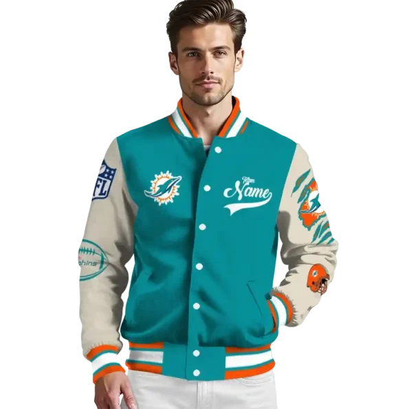 personalized miami dolphins razorback outline aqua nude varsity jacket high quality