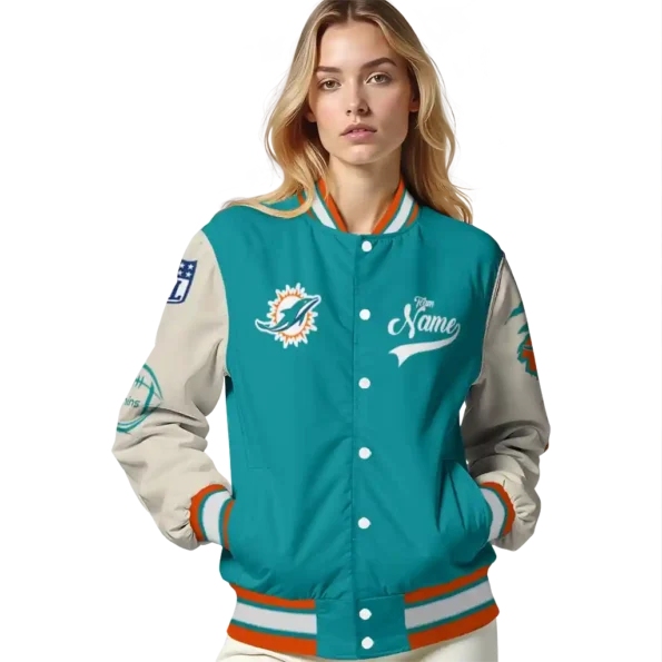 personalized miami dolphins razorback outline aqua nude varsity jacket latest model
