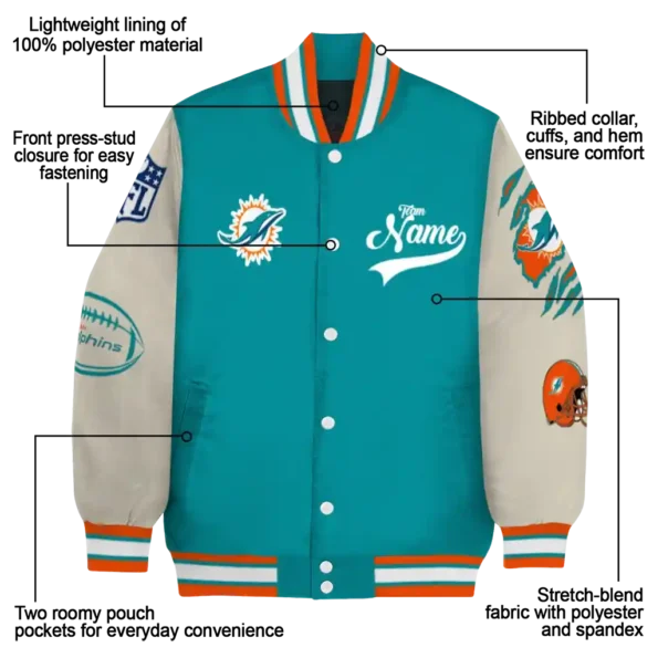 personalized miami dolphins razorback outline aqua nude varsity jacket new arrival