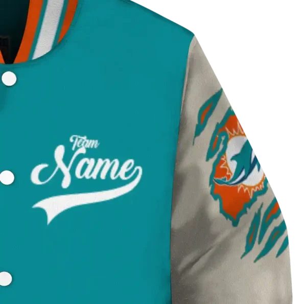 personalized miami dolphins razorback outline aqua nude varsity jacket premium grade