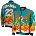personalized miami dolphins winged blaze aqua white bomber jacket best selling