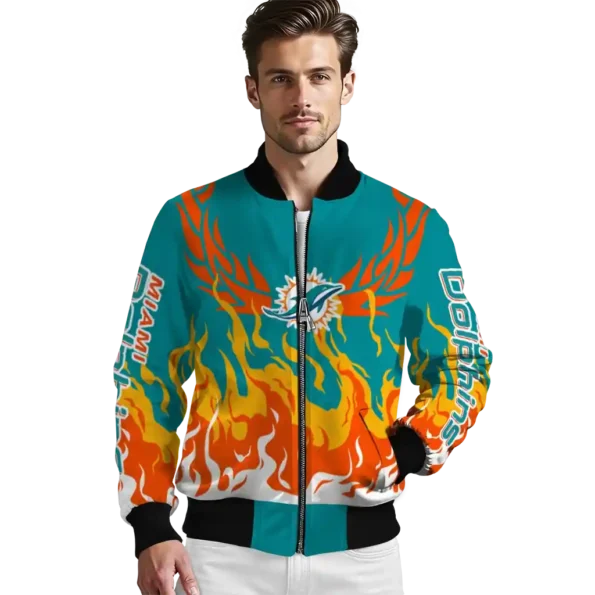 personalized miami dolphins winged blaze aqua white bomber jacket high quality