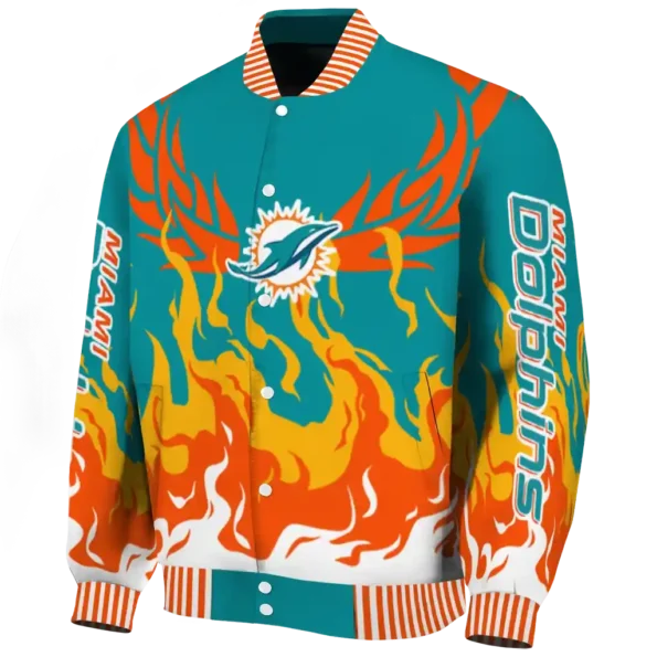 personalized miami dolphins winged blaze aqua white varsity jacket best selling