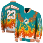 personalized miami dolphins winged blaze aqua white varsity jacket best selling