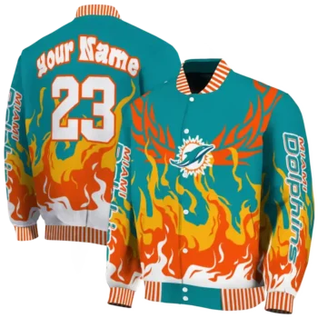 personalized miami dolphins winged blaze aqua white varsity jacket fashion forward
