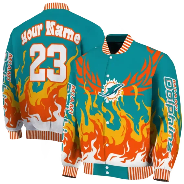 personalized miami dolphins winged blaze aqua white varsity jacket fashion forward