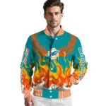personalized miami dolphins winged blaze aqua white varsity jacket best selling
