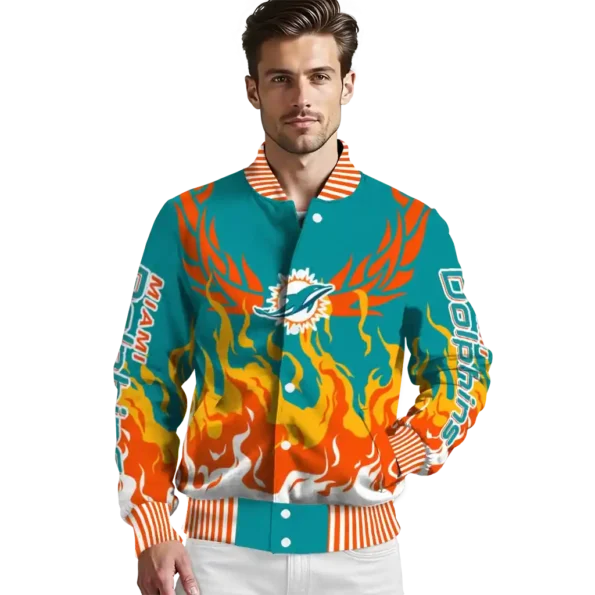 personalized miami dolphins winged blaze aqua white varsity jacket high quality