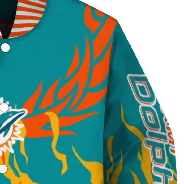 personalized miami dolphins winged blaze aqua white varsity jacket premium grade