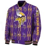personalized minnesota vikings bolt stripe purple varsity jacket best selling