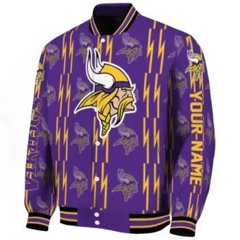 personalized minnesota vikings bolt stripe purple varsity jacket best selling