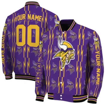 personalized minnesota vikings bolt stripe purple varsity jacket fashion forward