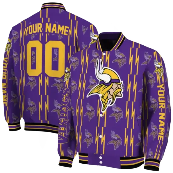 personalized minnesota vikings bolt stripe purple varsity jacket fashion forward