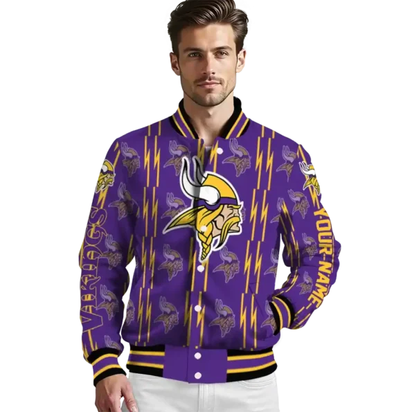 personalized minnesota vikings bolt stripe purple varsity jacket high quality