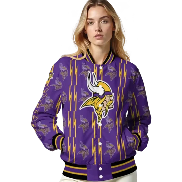 personalized minnesota vikings bolt stripe purple varsity jacket latest model
