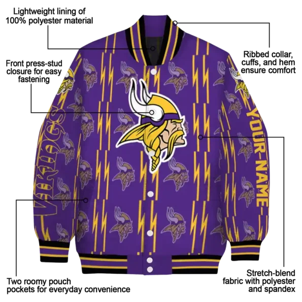personalized minnesota vikings bolt stripe purple varsity jacket new arrival
