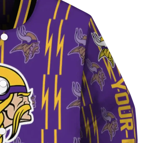 personalized minnesota vikings bolt stripe purple varsity jacket premium grade
