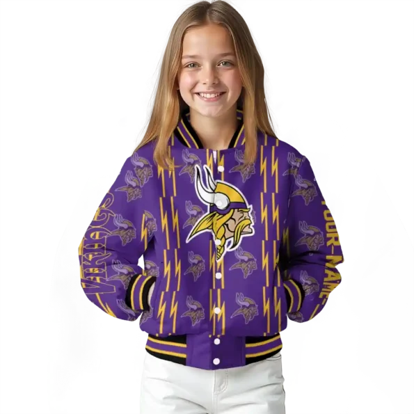 personalized minnesota vikings bolt stripe purple varsity jacket top rated