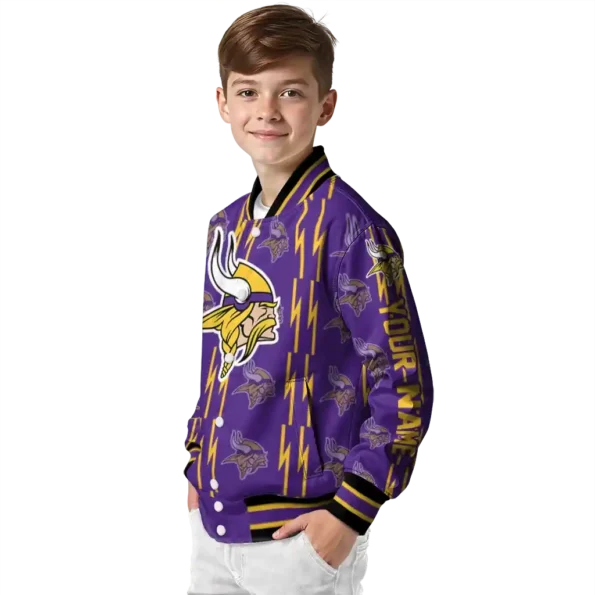 personalized minnesota vikings bolt stripe purple varsity jacket trendy