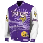 personalized minnesota vikings ferris arena purple white varsity jacket best selling