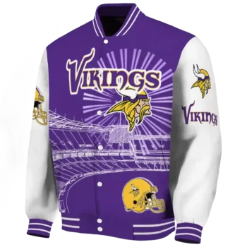 personalized minnesota vikings ferris arena purple white varsity jacket best selling