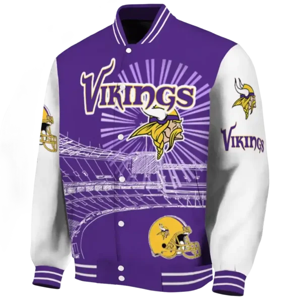 personalized minnesota vikings ferris arena purple white varsity jacket best selling