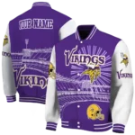 personalized minnesota vikings ferris arena purple white varsity jacket best selling