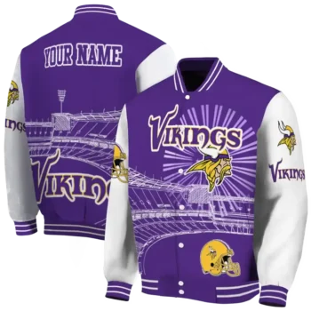 personalized minnesota vikings ferris arena purple white varsity jacket fashion forward