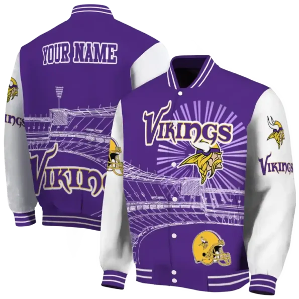 personalized minnesota vikings ferris arena purple white varsity jacket fashion forward
