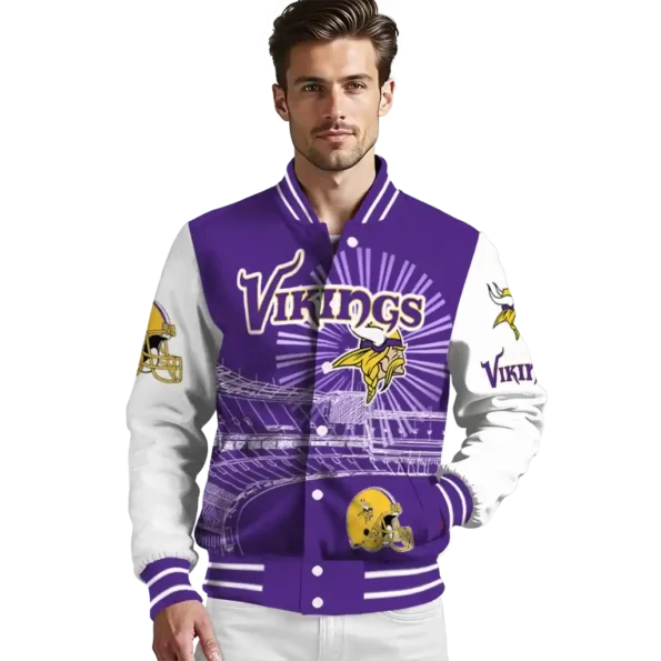 personalized minnesota vikings ferris arena purple white varsity jacket high quality