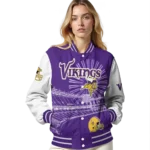 personalized minnesota vikings ferris arena purple white varsity jacket best selling