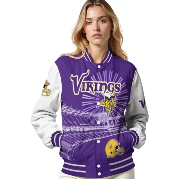 personalized minnesota vikings ferris arena purple white varsity jacket latest model