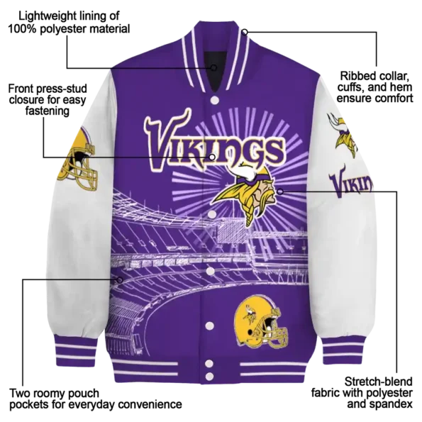 personalized minnesota vikings ferris arena purple white varsity jacket new arrival