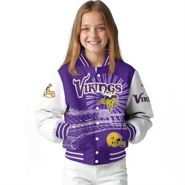 personalized minnesota vikings ferris arena purple white varsity jacket top rated