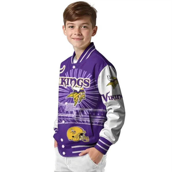 personalized minnesota vikings ferris arena purple white varsity jacket trendy