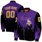 personalized minnesota vikings flame border purple black bomber jacket best selling