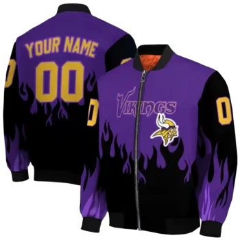 personalized minnesota vikings flame border purple black bomber jacket fashion forward