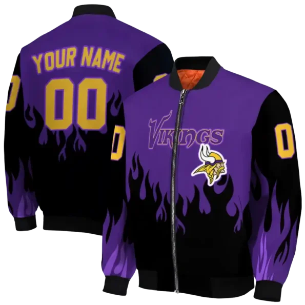 personalized minnesota vikings flame border purple black bomber jacket fashion forward