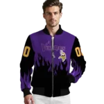 personalized minnesota vikings flame border purple black bomber jacket best selling