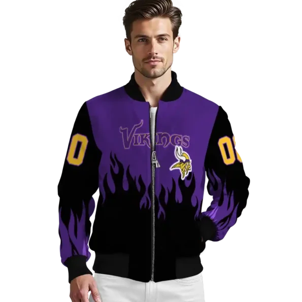 personalized minnesota vikings flame border purple black bomber jacket high quality