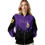 personalized minnesota vikings flame border purple black bomber jacket best selling