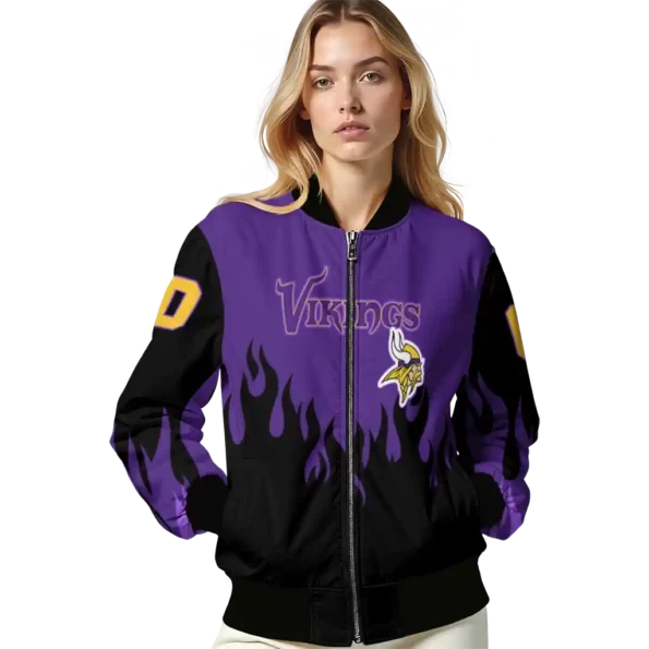 personalized minnesota vikings flame border purple black bomber jacket latest model