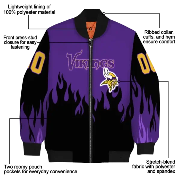 personalized minnesota vikings flame border purple black bomber jacket new arrival