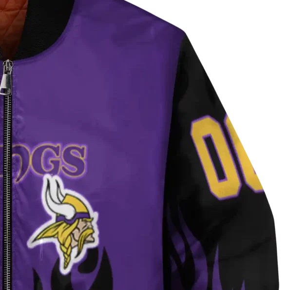 personalized minnesota vikings flame border purple black bomber jacket premium grade