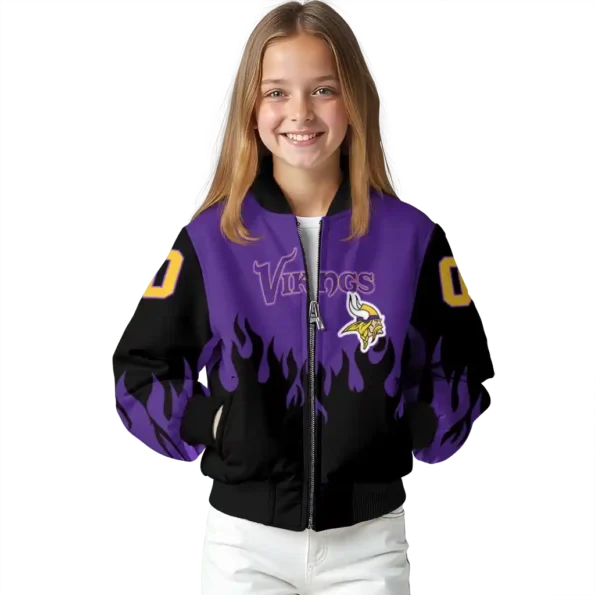 personalized minnesota vikings flame border purple black bomber jacket top rated