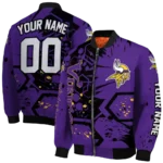 personalized minnesota vikings hexagon cluster purple black bomber jacket best selling