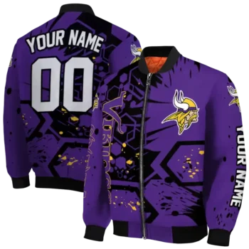 personalized minnesota vikings hexagon cluster purple black bomber jacket fashion forward