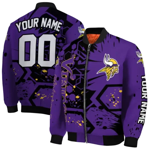 personalized minnesota vikings hexagon cluster purple black bomber jacket fashion forward